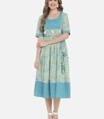 Women Lime Green and Blue Floral Printed Ethnic Midi Dress