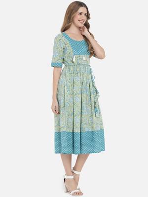 Women Lime Green and Blue Floral Printed Ethnic Midi Dress 6