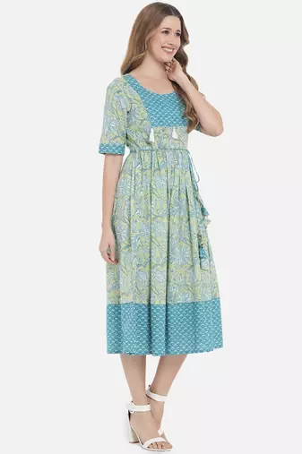 Women Lime Green and Blue Floral Printed Ethnic Midi Dress