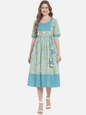 Women Lime Green and Blue Floral Printed Ethnic Midi Dress 7