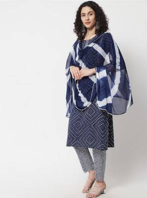 Women Navy Blue Kurta Set with Dupatta 2