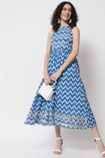 Women Azure Blue Chevron Midi Dress