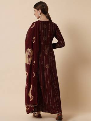 Brown Ethnic Gold Maxi Flared Dress with Dupatta 2