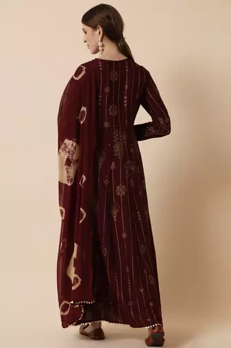 Brown Ethnic Gold Maxi Flared Dress with Dupatta