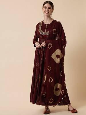 Brown Ethnic Gold Maxi Flared Dress with Dupatta 3