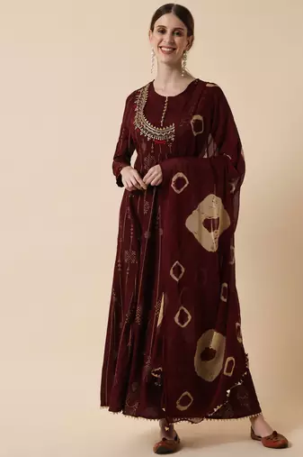 Brown Ethnic Gold Maxi Flared Dress with Dupatta