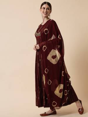 Brown Ethnic Gold Maxi Flared Dress with Dupatta 4