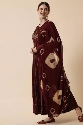 Brown Ethnic Gold Maxi Flared Dress with Dupatta