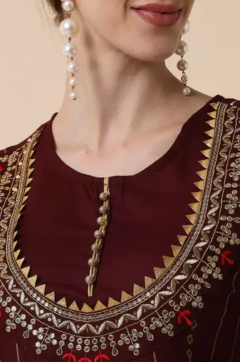 Brown Ethnic Gold Maxi Flared Dress with Dupatta