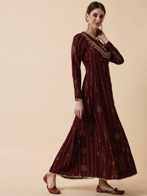 Brown Ethnic Gold Maxi Flared Dress with Dupatta 6