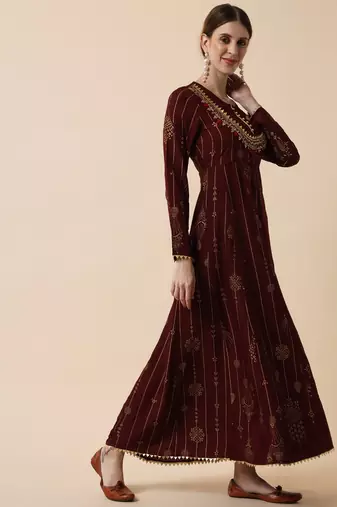 Brown Ethnic Gold Maxi Flared Dress with Dupatta