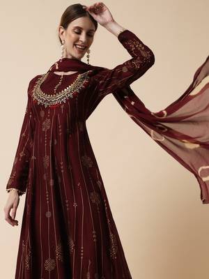 Brown Ethnic Gold Maxi Flared Dress with Dupatta 7