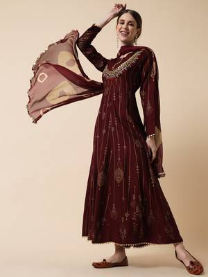 Brown Ethnic Gold Maxi Flared Dress with Dupatta 1