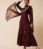 Brown Ethnic Gold Maxi Flared Dress with Dupatta