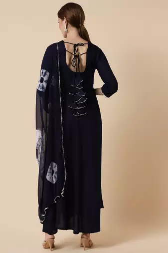 Midnight Blue Flared Suit Set with Dupatta