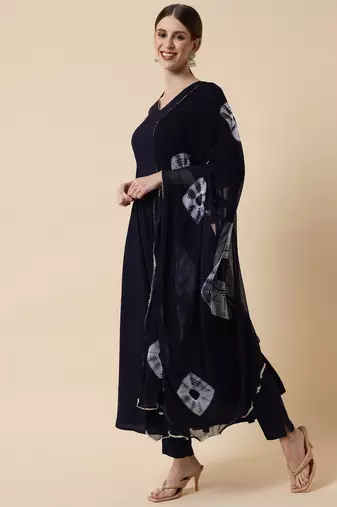 Midnight Blue Flared Suit Set with Dupatta