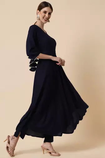 Midnight Blue Flared Suit Set with Dupatta