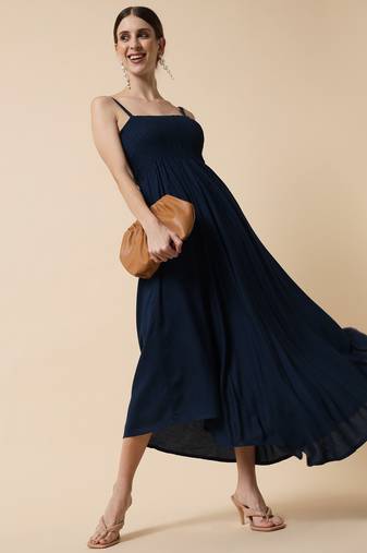 Navy Blue Smocking Flared Midi Dress