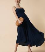 Navy Blue Smocking Flared Midi Dress