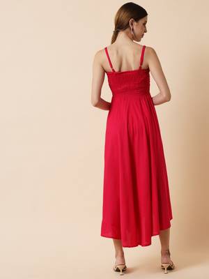 Red Orange Smocking Flared Midi Dress 2