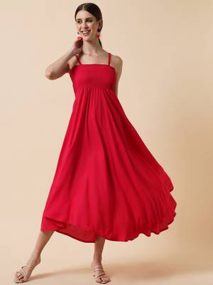 Red Orange Smocking Flared Midi Dress 1