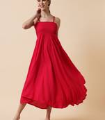 Red Orange Smocking Flared Midi Dress