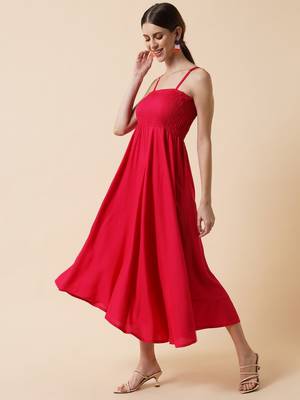 Red Orange Smocking Flared Midi Dress 3