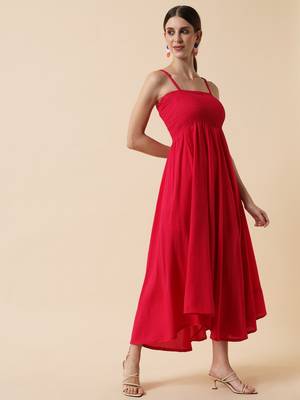 Red Orange Smocking Flared Midi Dress 4