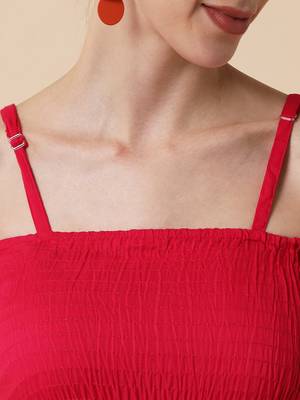 Red Orange Smocking Flared Midi Dress 5