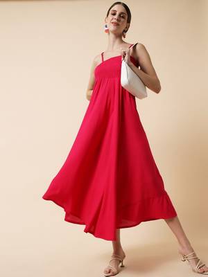 Red Orange Smocking Flared Midi Dress 6