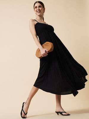 Jade Black Smocking Flared Midi Dress 1