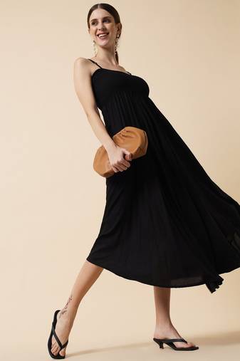 Jade Black Smocking Flared Midi Dress