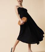 Jade Black Smocking Flared Midi Dress