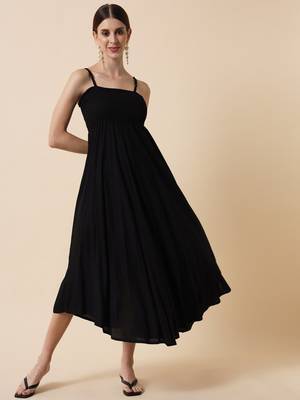 Jade Black Smocking Flared Midi Dress 6