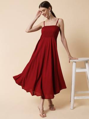 Maroon Smocking Flared Midi Dress 1