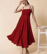 Maroon Smocking Flared Midi Dress
