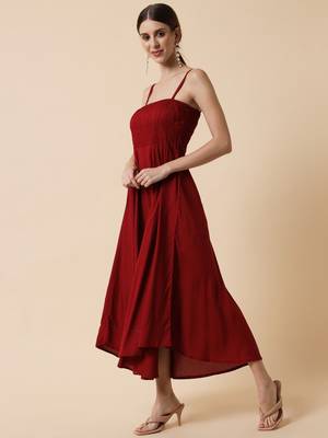 Maroon Smocking Flared Midi Dress 2