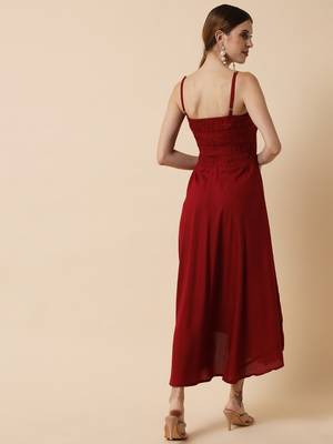 Maroon Smocking Flared Midi Dress 3