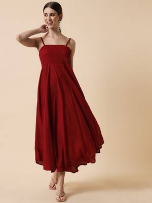 Maroon Smocking Flared Midi Dress 5