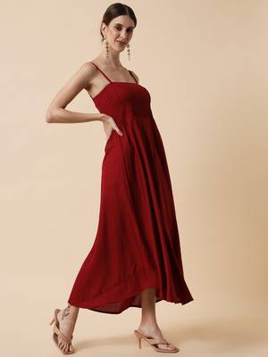 Maroon Smocking Flared Midi Dress 6