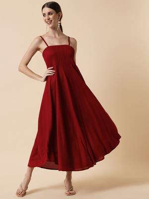 Maroon Smocking Flared Midi Dress 7