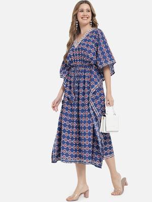 Blue Ethnic Geometric Printed Kaftan for Women 1