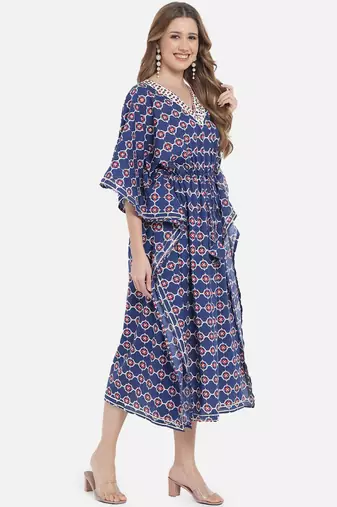 Blue Ethnic Geometric Printed Kaftan for Women