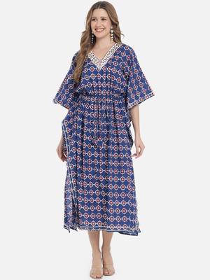 Blue Ethnic Geometric Printed Kaftan for Women 5