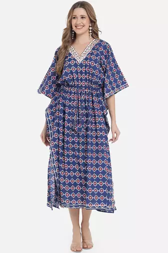 Blue Ethnic Geometric Printed Kaftan for Women