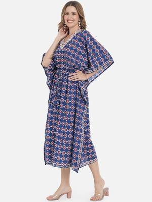 Blue Ethnic Geometric Printed Kaftan for Women 6