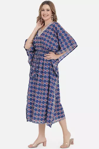 Blue Ethnic Geometric Printed Kaftan for Women