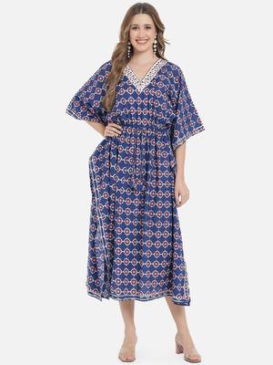 Blue Ethnic Geometric Printed Kaftan for Women 7