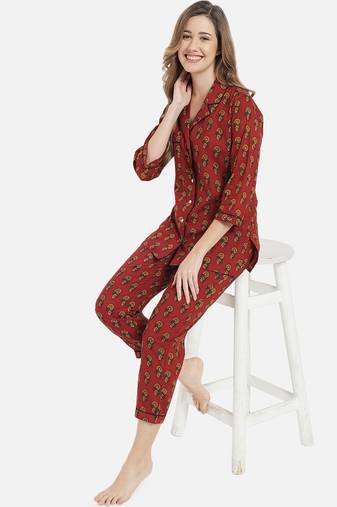 Maroon and Black Floral Night Suit