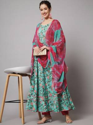 Sea Green and Red Floral Maxi Dress with Pant and Dupatta 1